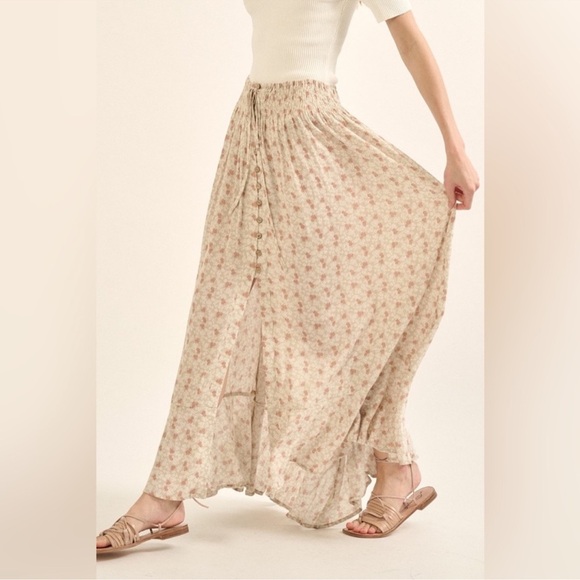 Promesa Sand Floral Smocked Waist Button High Low Maxi Skirt - Picture 3 of 12